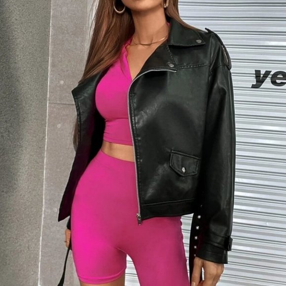 Black Zip up Drop Shoulder Moto Faux leather Jacket - Picture 4 of 5